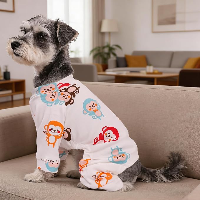 Dog Clothes for Small Dogs, Soft Dog Pajamas Onesie with Colorful Monkey Pattern, Stretchy Comfy Pet Jammies Shirts, 4-Legs Pjs for Chihuahua Yorkie, XXS Puppy Clothes