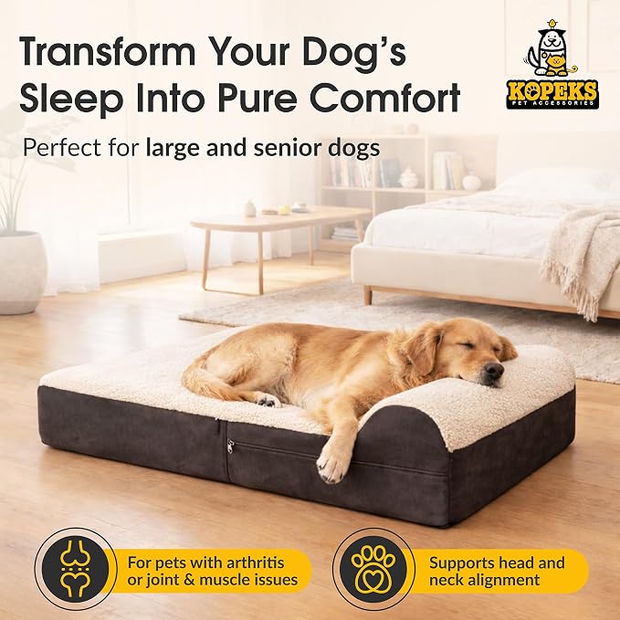Jumbo Orthopedic Dog Bed - 7-inch Thick Memory Foam Pet Bed with Pillow with Removable Cover & Free Waterproof Liner - for Large Breed Dogs, XL, Brown-Plush Top