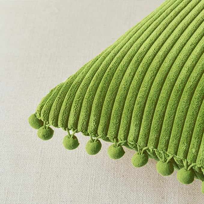Fancy Homi Pack of 2 Lime Green Decorative Throw Pillow Covers with Pom-poms, Soft Corduroy Solid Square Cushion Cases Set for Couch Sofa Bedroom Car Living Room (18x18 Inch/45x45 cm, Lime Green)
