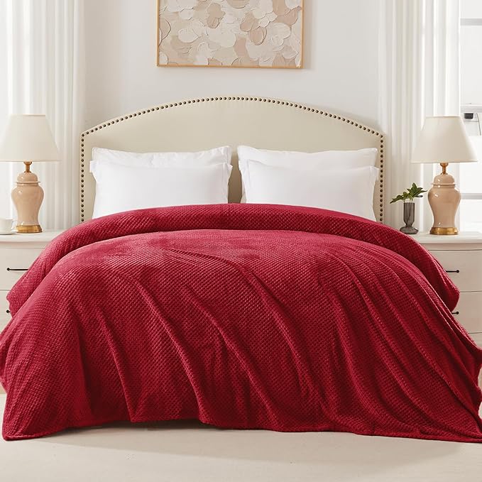 Exclusivo Mezcla Soft Waffle Fleece Bed Blanket King Size, Deep Red | Lightweight Plush Blanket for Bed, Bedroom, Cozy Flannel with Waffle Texture, Stylish Home Decor, All Season, 104x90 Inches