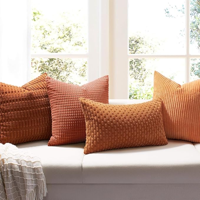 Softalker Corduroy Fall Throw Pillow Covers 20x20, Set of 2, Burnt Orange | Soft Boho Striped Pillow Cases, Couch Fluffy Cushion Covers for Farmhouse Home Decor Bed Living Room