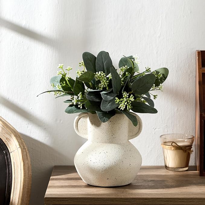 Emotionally Grounded Vase, Vaseking Ceramic Rustic Vase with 2 Handles, 6.1 inch Minimalist Decorative Farmhouse Vases for Home Decor, Living Room, Enterway, Table Decoration, Speckled White