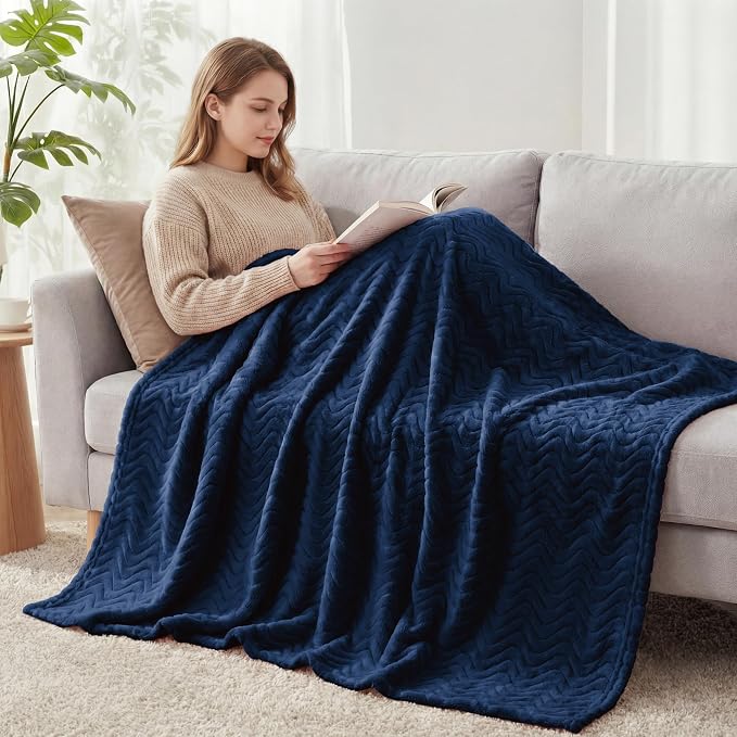 Exclusivo Mezcla Soft Fleece Blanket King Size, Cozy Lightweight Blankets with Decorative Wave Textured Suitable for All Season Use, Navy Blue, 90x104 Inches | 90"x104" Breathable Lightweight Flannel Blanket for Summer, Plush Cozy Jacquard Wave for Hom...