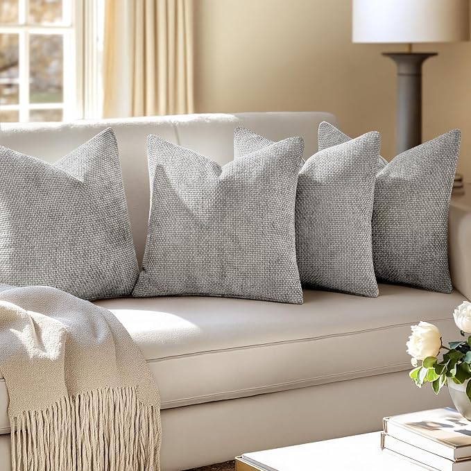MIULEE Soft Decorative Chenille Pillow Covers Light Gray 20x20 Pack of 4 | Modern Home Decor, All Same Color Set, Couch Throw Pillows, Farmhouse Boho Cushion Covers for Sofa Bed Living Room