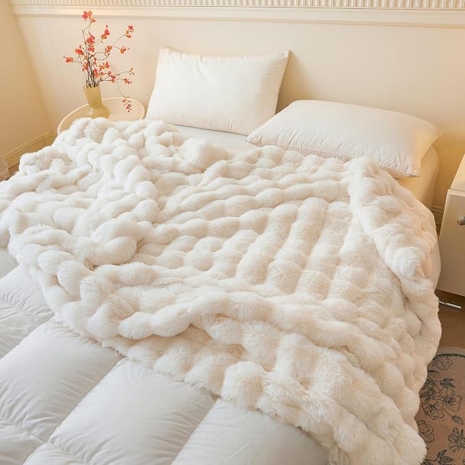 LIFEREVO Luxury Fluffy Faux Rabbit Fur Throw Blanket 50x60, Beige | Plush Shaggy Bubble Blanket for Bed Couch Sofa Office, Decorative Soft Cute Furry Ivory Throw for Kids Teens Adults, Washable