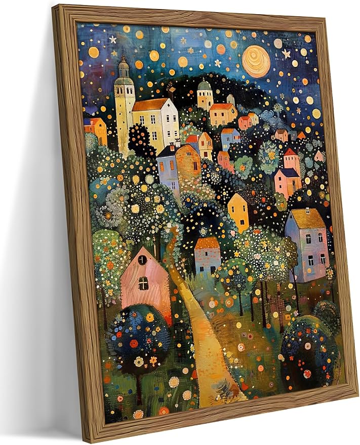 Abstract Moon Stars Tree Framed Canvas Wall Art – Vintage Gustav Klimt Style Oil Painting Print, Village Night Landscape Decor for Living Room Bedroom Nursery Office 12x16 inch