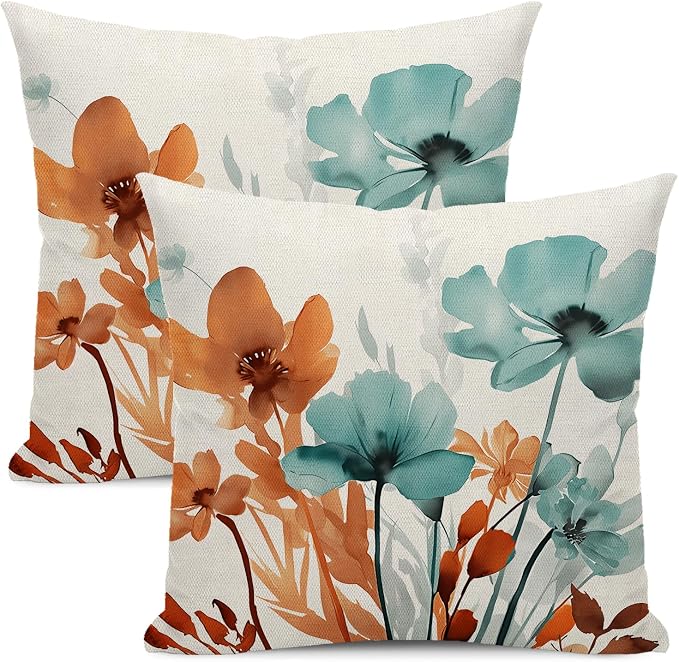 Floral Pillow Covers 18x18 Inches Set of 2 Fall Orange Teal Floral Throw Pillow Cover Outdoor Summer Flower Decoration Pillowcase Farmhouse Decorative Square Cushion Cover Decor for Home Sofa