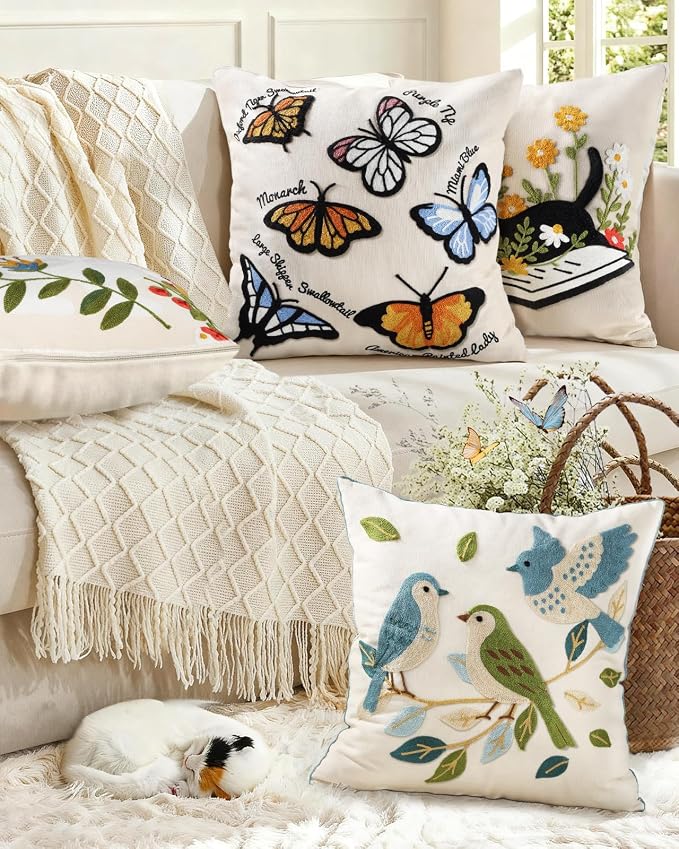 Animal Embroidered Throw Pillow Cover 18x18 Inch, Butterfly | Decorative Pillow Cover, Cottagecore Cushion Cases with Hidden Zipper, Farmhouse Decor for Couch, Sofa, Living Room