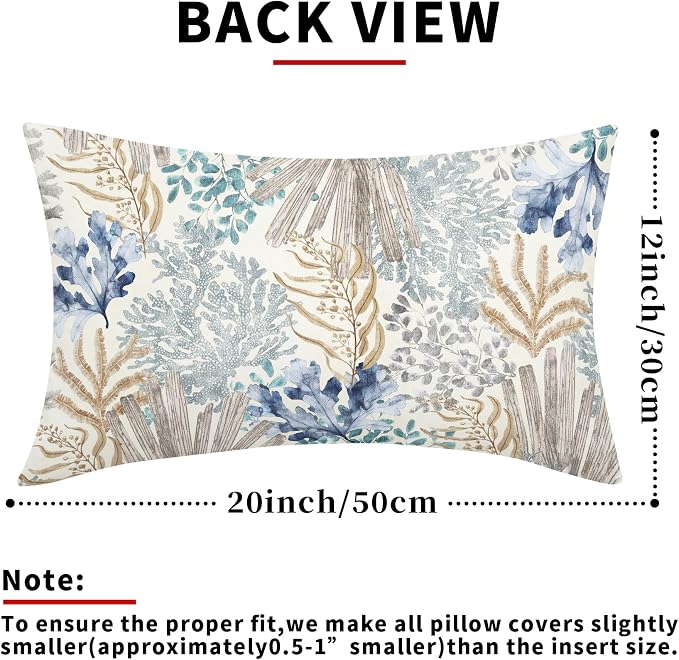 Nautical Coastal Coral Lumbar Pillow Covers 12x20 Inch Set of 2 Summer Ocean Beach Themed Decorative Pillow Cases Outdoor Linen Square Cushion Cover Farmhouse Decor for Bedroom Home Sofa Couch Bed