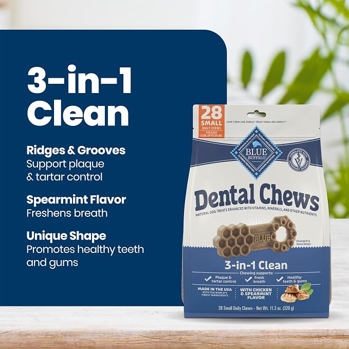 Blue Buffalo Chicken & Spearmint Small Dental Chews, 11.3 oz, 28 ct | 50 Ridges & Grooves Fight Plaque & Tartar, Spearmint Freshens Breath, Natural Ingredients