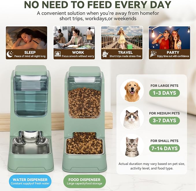 2 Pack Automatic Cat Feeder Stainless Steel Gravity Food and Water Dispenser for Small Medium Kitten Puppy Pets (Green)