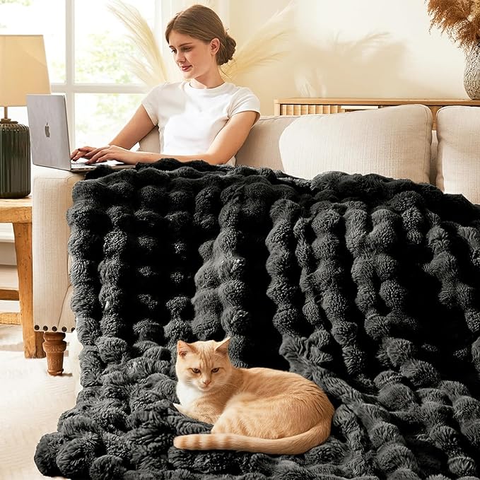 L'AGRATY Faux Rabbit Fur Throw Blanket for Couch, 90'' x 90'', Black | Soft Cozy Bubble Fluffy Blanket for Sofa Bed, Thick Warm Plush Fuzzy Throw for Room Home Decor, Luxury Gift for Women Mom