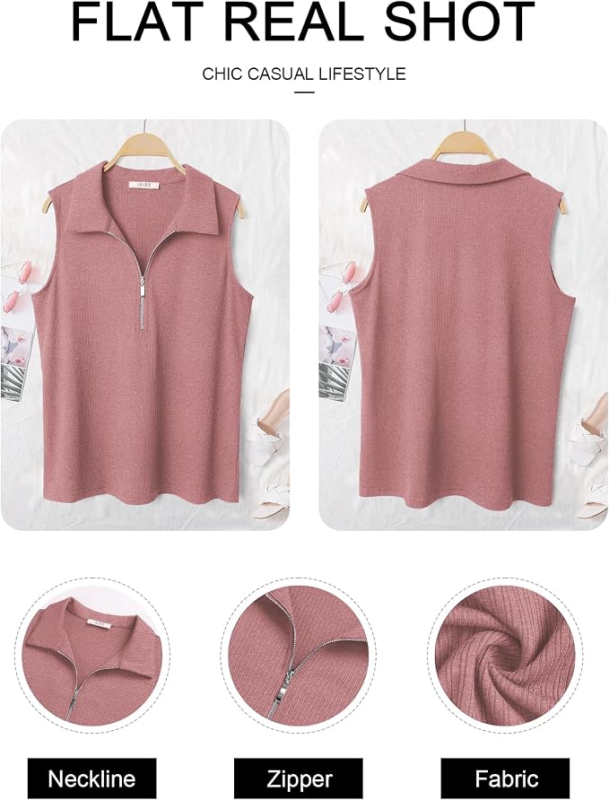 Vivilli Womens Ribbed Tank Top Zipper V Neck Dressy Casual Blouses Sleeveless Camisole Tops Work Tank Polo Shirts