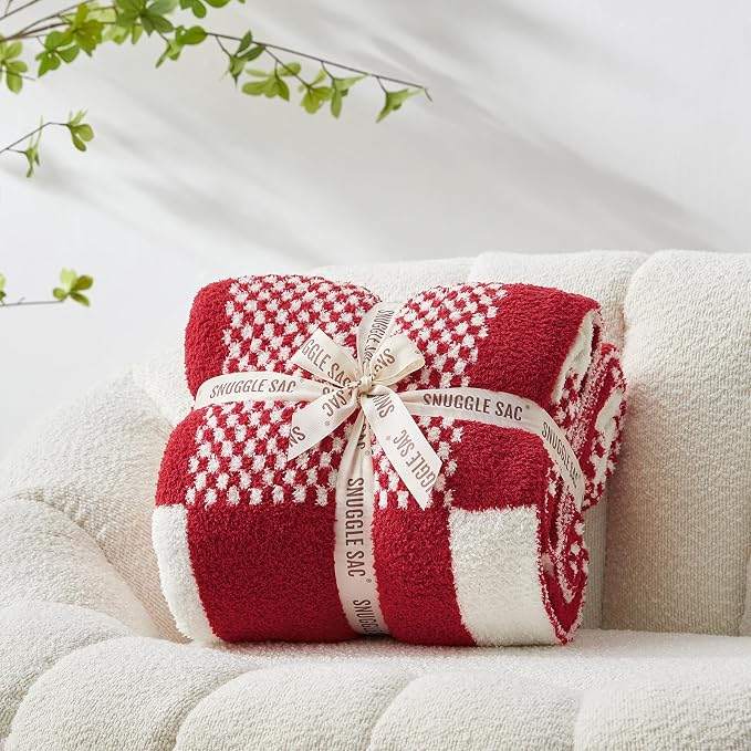 Snuggle Sac Checkered Blanket, Red Throw Blanket for Couch Buffalo Plaid Microfiber Fluffy Warm Cozy Fuzzy Soft Throw Blanket Reversible Checkerered Blankets for Sofa, Chair, Bed, 50x60 inches