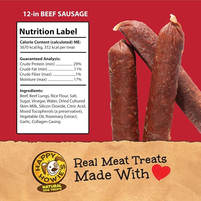 Happy Howie's Sausage Treats, Hormone Free, Beef, 36 Count (Pack of 1) | Healthy Dog Treats, Flavorful Slow Cooked Beef, Natural Ingredients
