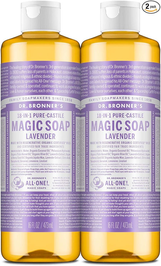 Dr. Bronner's Pure-Castile Magic Liquid Soap (Lavender, 16 Ounce, 2-Pack)- Made with Regenerative Organic Certified Oils, 18-in1 Uses: Face, Hair, Hand & Body Soap, Laundry, Pets- Concentrated, Vegan