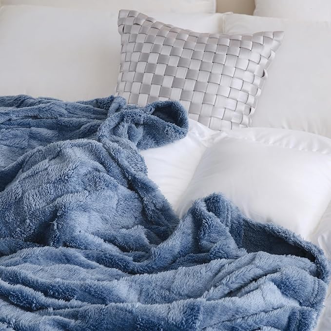 Dusty Blue Fleece Throw Blanket 108”×90”Checkered Design for Couch | Super Soft Cozy Plush Microfiber 3D Square Pattern Flannel Blanket for Sofa Bed Lightweight for Adults,Women