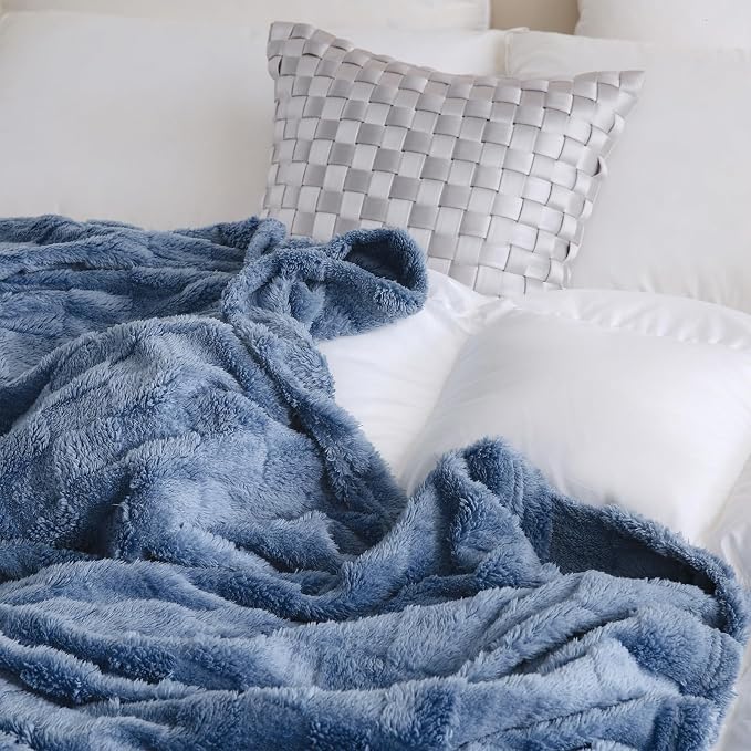 Dusty Blue Fleece Throw Blanket 50”×60”Checkered Design for Couch | Super Soft Cozy Plush Microfiber 3D Square Pattern Flannel Blanket for Sofa Bed Lightweight for Adults,Women