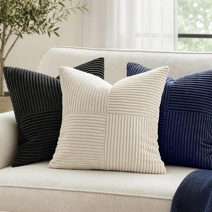 MIULEE Navy Blue Decorative Throw Pillow Covers for Couch 20x20 Inch | 2 Pack, Boho Farmhouse Pillow Covers, Soft Cross Corduroy Patchwork Textured Cushion Cases For Bed Sofa