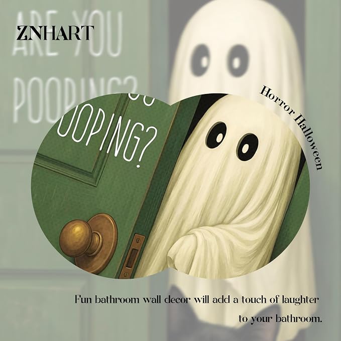 Funny Ghost Cat Halloween Bathroom Wall Art, Cute Ghost Bathroom Halloween Wall Decor Are You Pooping Picture, Vintage Framed Canvas Prints Funny Artwork for Restroom 12x16in Wood Frame
