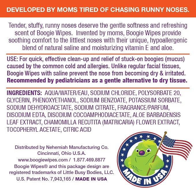 Boogie Wipes Saline Nose Wipes - 180 Count - Fresh Scent, Hypoallergenic & Alcohol-Free - Allergy Relief - Made with Natural Saline, Aloe, Chamomile & Vitamin E - Diaper Bag Essential