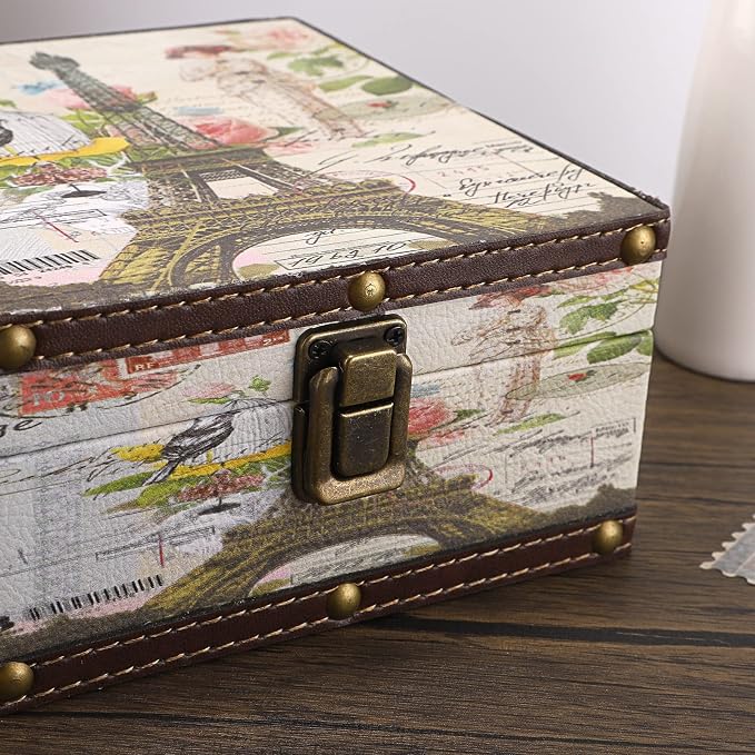 Hipiwe Vintage Wooden + PU Leather Decorative Trinket Jewelry Box Memento Case Keepsake Box Gifts For Girls Boys Home Decor, Eiffel Tower