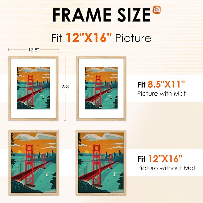 12x16 Picture Frame Natural Set of 2, Photo Frame with HD Plexiglass, Display Pictures 8.5x11 with Mat or 11x17 Without Mat, Natural Picture Frames Collage Wall Decor, Gallary Wall Frame
