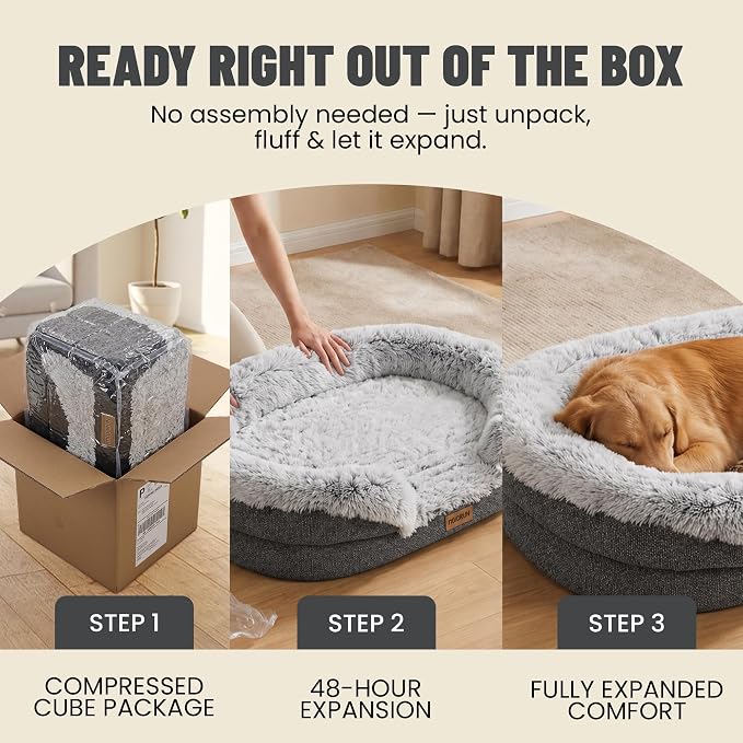 Fluffy Orthopedic Dog Beds Large Sized Dog, 48" Bolster Sofa Bed | Soft plush faux fur,lowered entry,washable cover,waterproof liner,claming dog couch for x-large dogs,supportive bolster
