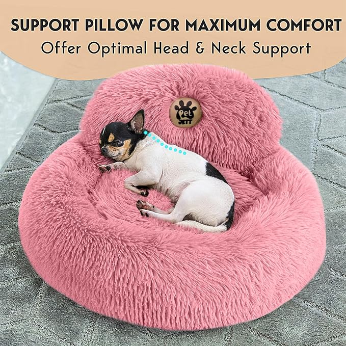 PetJett Calming Dog Bed for Small Dogs – 23" Donut Dog Beds, Anti-Slip & Washable Fluffy Plush Faux Fur Pet Bed, Anti-Anxiety Premium Comfort Round Puppy Bed, Fits Dogs up to 25 lbs – Pink