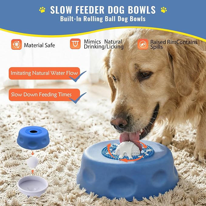 Dog Lick Bowl with Rolling Ball for Liquid Treat, Silicone Slow Feeder for Anxiety Relief & Fast Eaters, Boredom Reducer Licking Puzzle, 5/6 Cup Pup Lick Toy for Large Medium Small Pet Cats