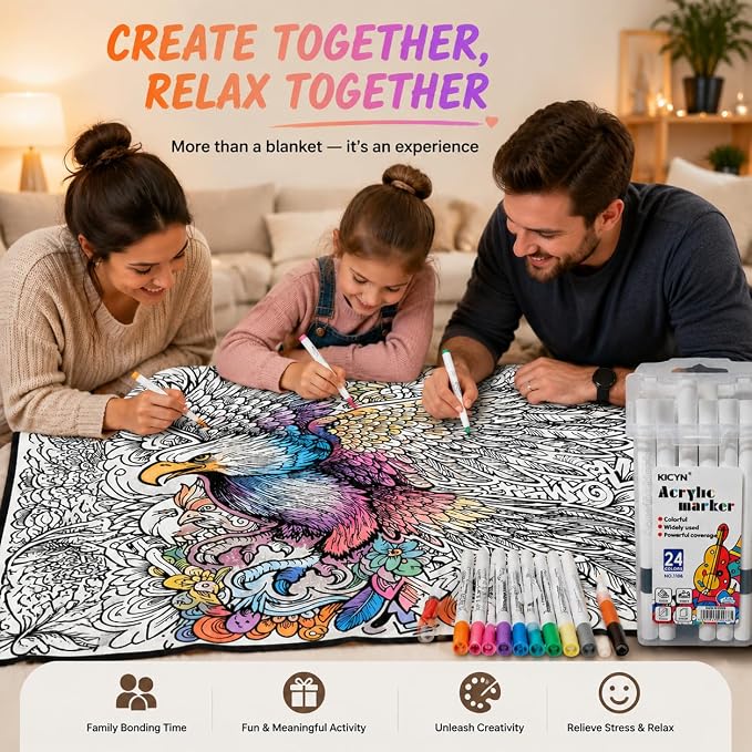 VEELU DIY Coloring Blankets with 24 Colors Markers for Adults | Custom Color In Your Own Blankets With 24 Colors Markers, Snuggle Color Sketch Washable Blankets Kit Home Decor