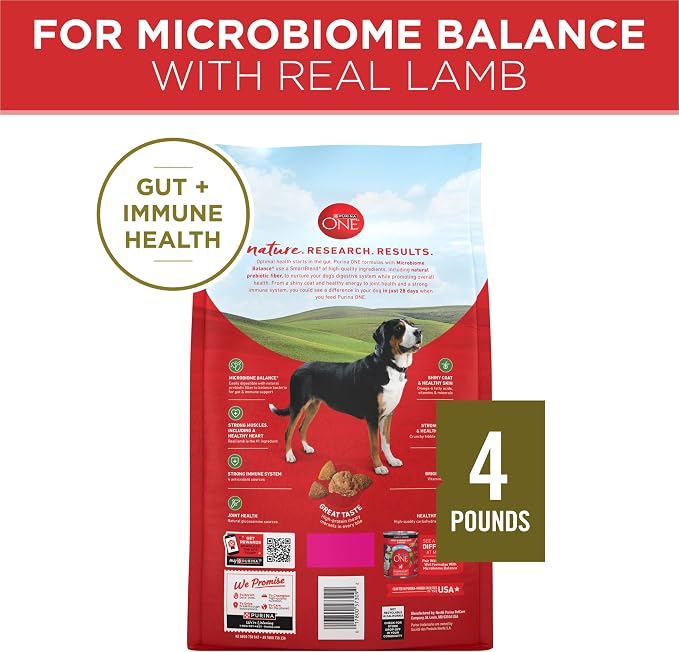 Purina ONE Dry Dog Food Lamb and Rice Formula - (Pack of 4) 4 lb. Bags | Natural recipe with real lamb as the first ingredient, and a microbiome balance with prebiotic fiber for gut & immune support