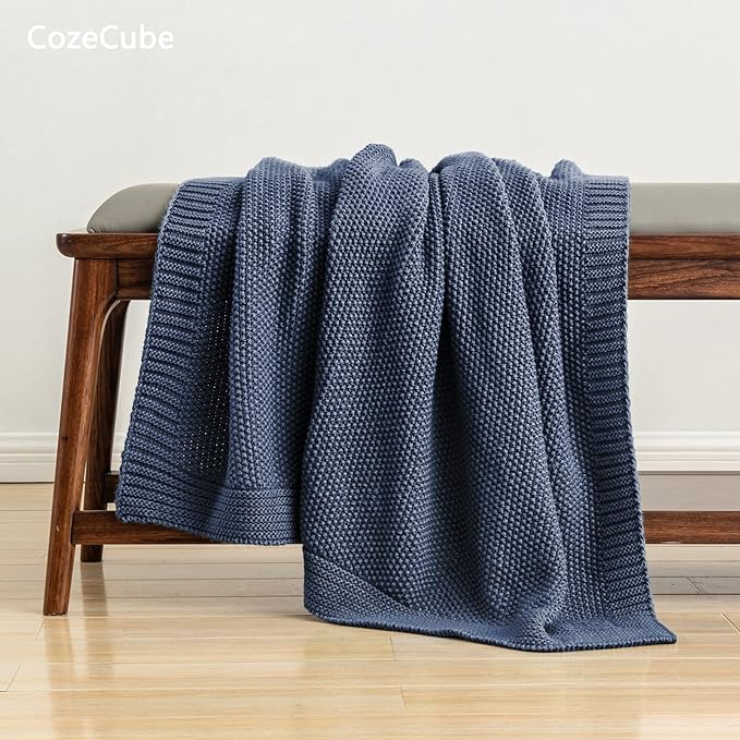 CozeCube Dusty Blue Seed Stitch Throw Blanket 60"x80", Farmhouse Decor | Blanket for Couch, Soft Cozy Cable Knit Throw for Bed Sofa Living Room, Lightweight Warm Decorative Christmas Blanket