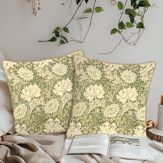 KSLIDS Vintage Green Flowers Soft Velvet Throw Pillow Covers Set of 2 Floral Plant Leaves Decorative Pillow Covers 18x18 Inch Chinoiserie Retro Pillow Case for Sofa Couch Bedroom Farmhouse Home Decor