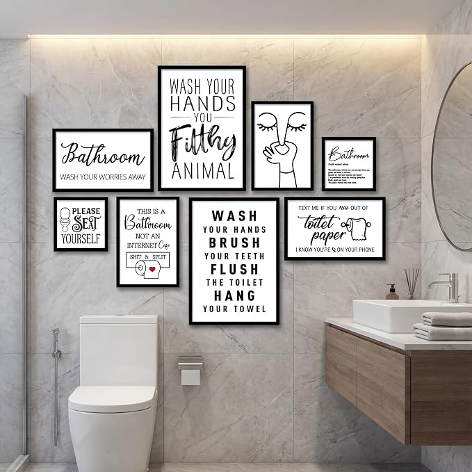 Faccito 8 Set Bathroom Wall Decor Funny Blacl and White Quotes Bathroom Wall Art Interesting Bad Smell Humorous Toilet Wooden Decoration Fun Wallart Signs Toilet Decor for Washroom