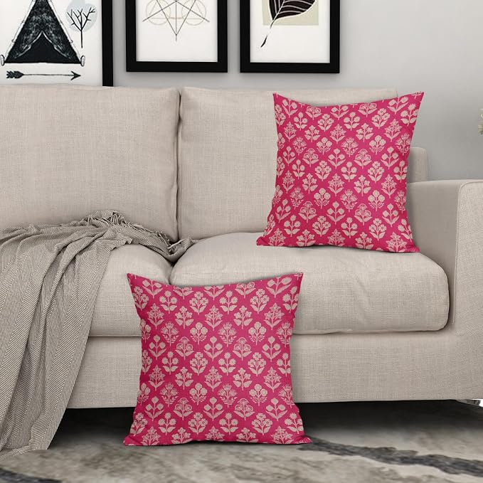 Hot Pink Floral Block Print Pillow Covers 18x18 Inch Set of 2, Vintage Flower Pattern Decorative Throw Pillowcases Outdoor Farmhouse Cushion Covers Spring Summer Rustic Sofa Couch Bed Decor