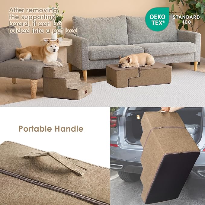 EHEYCIGA Dog Stairs for Bed 18" H, 4-Step Dog Steps for High Bed, Camel | Pet Steps for Small Dogs and Cats, Non-Slip Balanced Pet Ramp Indoor