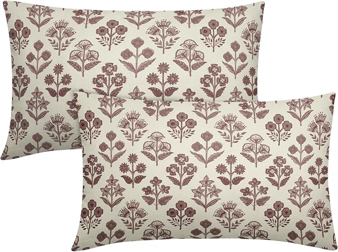 Burgundy Floral Pillow Covers 12x20 Inch Set of 2, Block Print Lumbar Flower Cream Decorative Throw Pillowcases Outdoor Farmhouse Rectangle Cushion Covers Spring Summer Sofa Couch Bed Decor