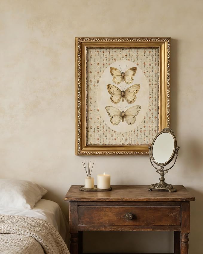 Vintage Gold Framed Wall Art Retro Floral Butterfly Canvas 16x24in | Living Room, Home Decor Painting Picture, Bedroom Wall Decor, Gifts for Friends or Family