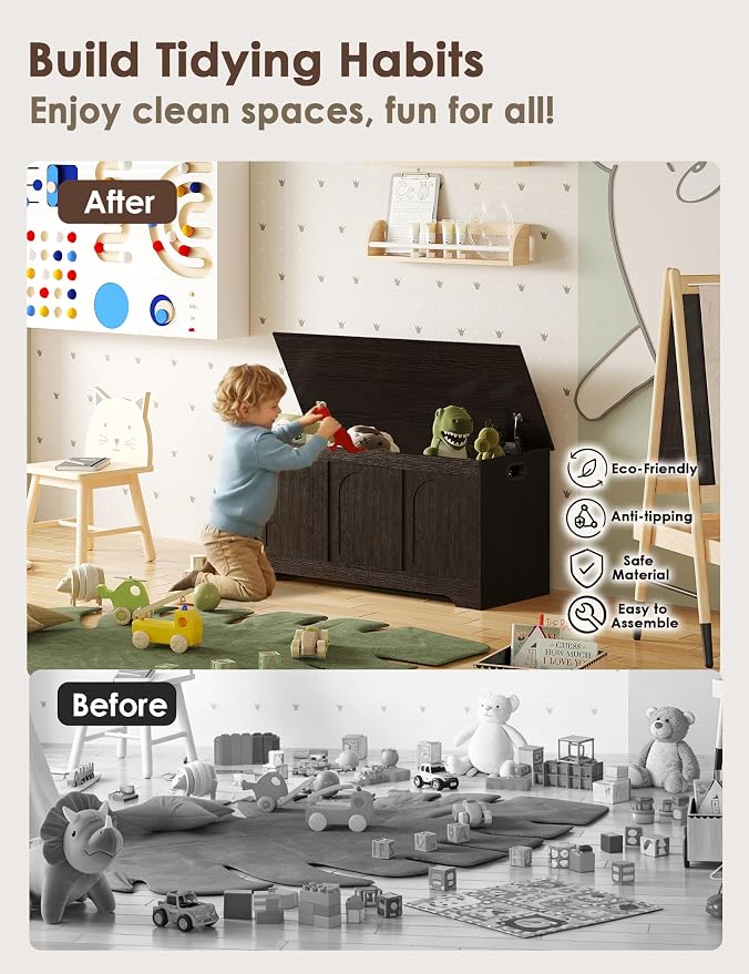 Storage Chest, Wooden Toy Box, Espresso 39.4" L | Entryway Shoe Bench, 2 Soft-close Hinges, Finger-safe Flip-Top Lid, Easy Assembly, Farmhouse Large Trunk, Living Room/Bedroom