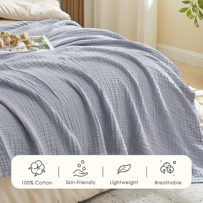 EMME Muslin Blankets for Adults Throw Blanket for Couch Breathable Gauze Soft Lightweight Airy Dusty Blue Twin 60" x 80"