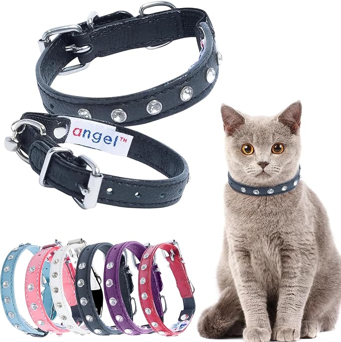 Athens Cat Collar, Leather Kitten Collar w/Rhinestones, Sturdy Breakaway Cat Collar with Bell & Elastic Stretch, Cat Accessories, Midnight Black, 10 x ½ inches - Angel Pet Supplies