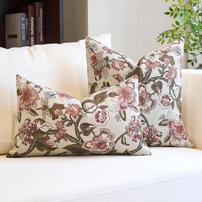 Neutral Floral Pillow Cover 12x20, Vintage Linen Lumbar Pillow Cover Soft Decorative Farmhouse Accent Pillow Case for Couch Bedroom Living Room Home Decor, Red