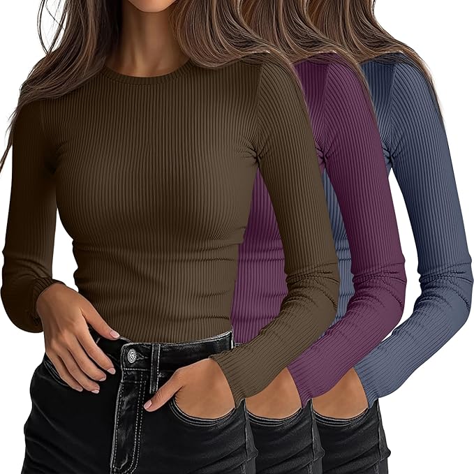 Ficerd 3 Pack Women's Ribbed Long Sleeve Tops, Crew Neck Slim Fit Undershirts Knit Basic Casual Stretch Layering Tee Shirts