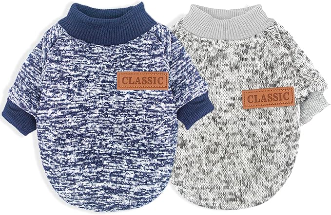 2 Pieces Dog Sweaters for Small Dogs Fall Dog Clothes Male Winter Fleece Dog Sweaters Warm Thick Pet Outfit Small Dog Sweater for Boy Girl Dogs, Chihuahua, Pug, Bulldog, Pug, M, Grey Navy