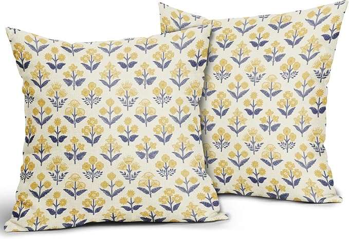 Navy Blue Yellow Floral Pillow Covers 24x24 Inch Set of 2, Vintage Flower Block Decorative Throw Pillowcases Outdoor Farmhouse Cushion Covers Spring Summer Rustic Decoration Sofa Couch Bed Decor