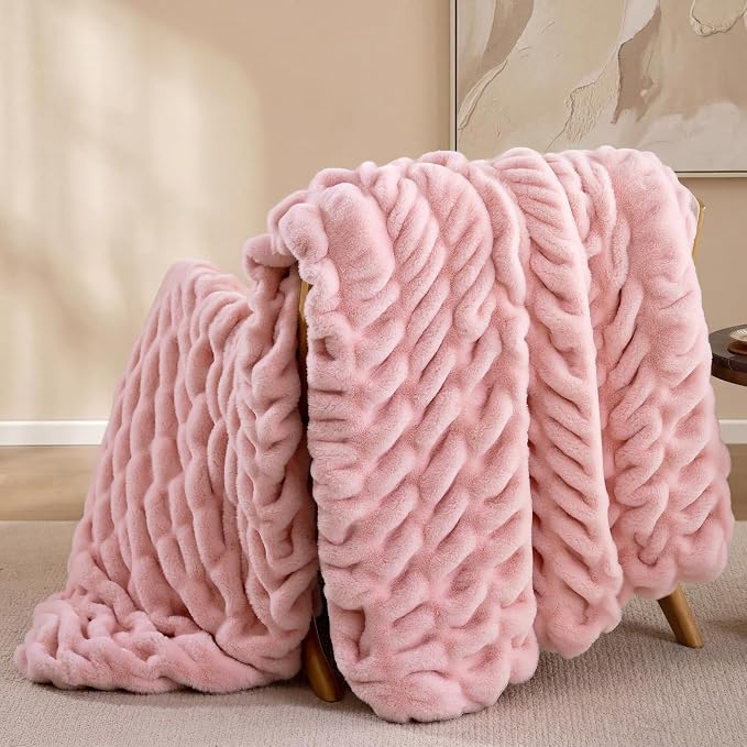 Blush Pink Fluffy Blanket for Couch - Luxury Faux Rabbit Fur 50"x60" | Ultra Soft & Plush Comfort Ruched Blanket, Cozy Fuzzy Fleece Throw for Sofa, Bed & Office, Gift for Women, Pink Room Decor