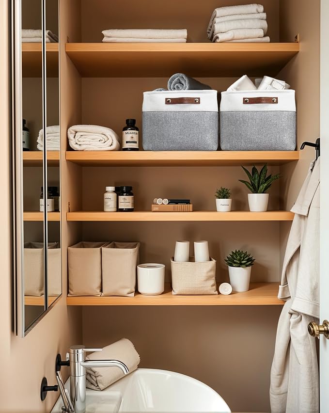 DECOMOMO Storage Bins, Large Fabric Storage Baskets for Shelves 1 Pack | 15 x 11 x 9.5 inches Decorative Linen Closet Organizers (Grey & White)