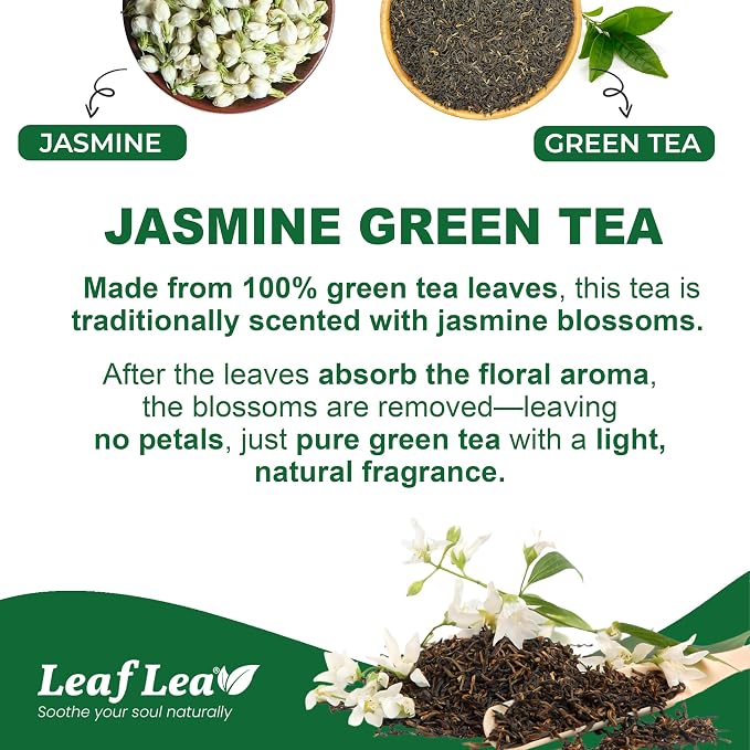 LeafLea Jasmine Green Tea Bags, Light Focus & Daily Balance, 80 Count | Green Tea Naturally Scented With Jasmine, Delicate Floral Taste, Caffeinated, Sugar-Free, Vegan, Individually Wrapped
