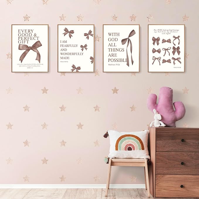 LARTSFRO Coquette Brown Bow Wall Art Decor Posters, Chocolate Brown Bow Room Bedroom Bathroom Dorm Wall Art Decor Aesthetic for College Teen Girls Gifts, Inspirational Bible Verses Bow Wall Decor, 12x16 Inch Set of 4 Pcs Bow Pictures (UNFRAMED)